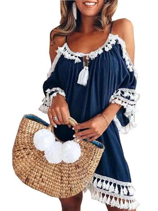2018 Halter Tassel Short Sleeve Solid Color Mini Dress
