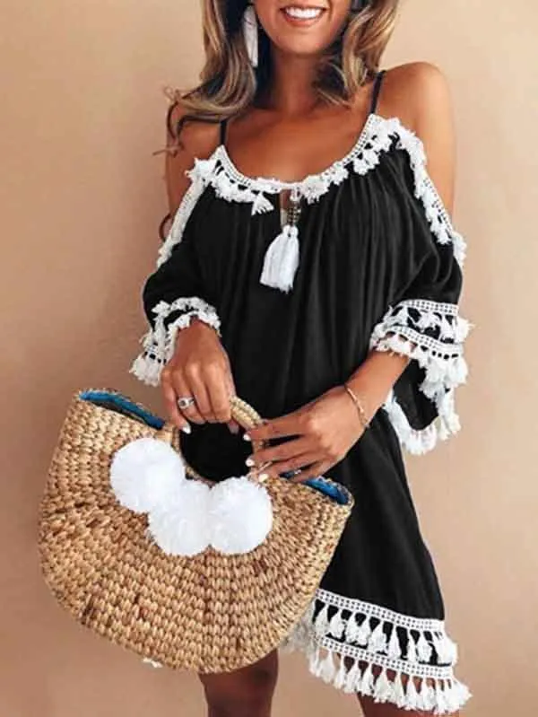 2018 Halter Tassel Short Sleeve Solid Color Mini Dress