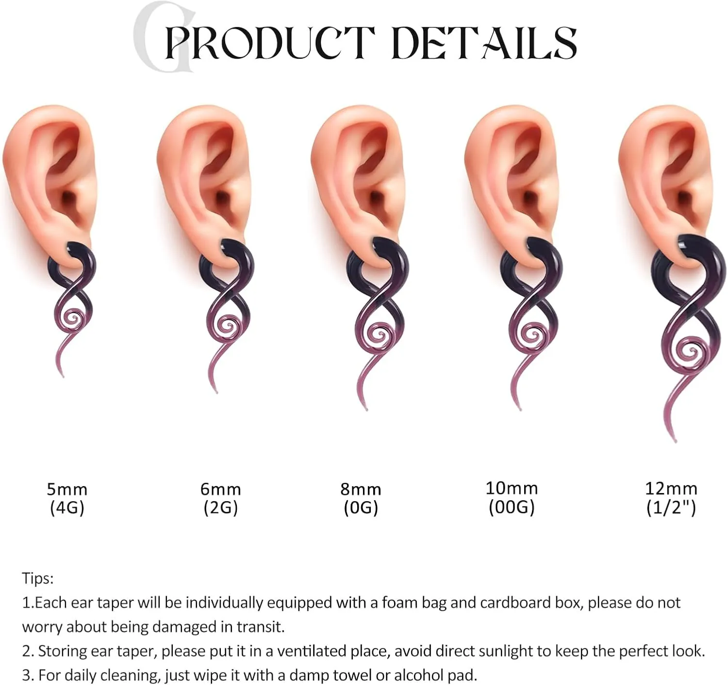 2PCS Glass Spiral Ear Tapers Plugs Expander Stretcher Hanger Twist Gauges Earrings Stretching Tunnels Body Piercing Jewelry for Women Men 4G-1/2" 5MM-12MM