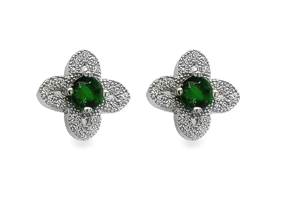 A644 Green Four Petals Flower Post Earrings