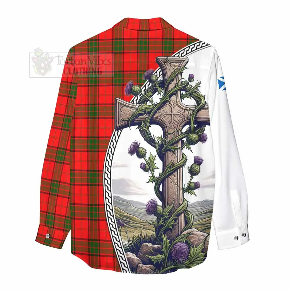 Adair Tartan Women's Casual Shirt with Family Crest and St. Andrew's Cross Accented by Thistle Vines
