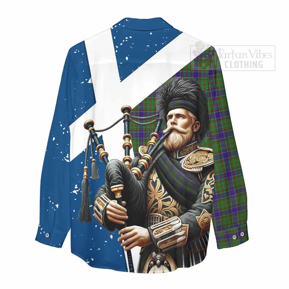 Adam Tartan Women's Casual Shirt with Family Crest Scottish Bagpiper Vibes