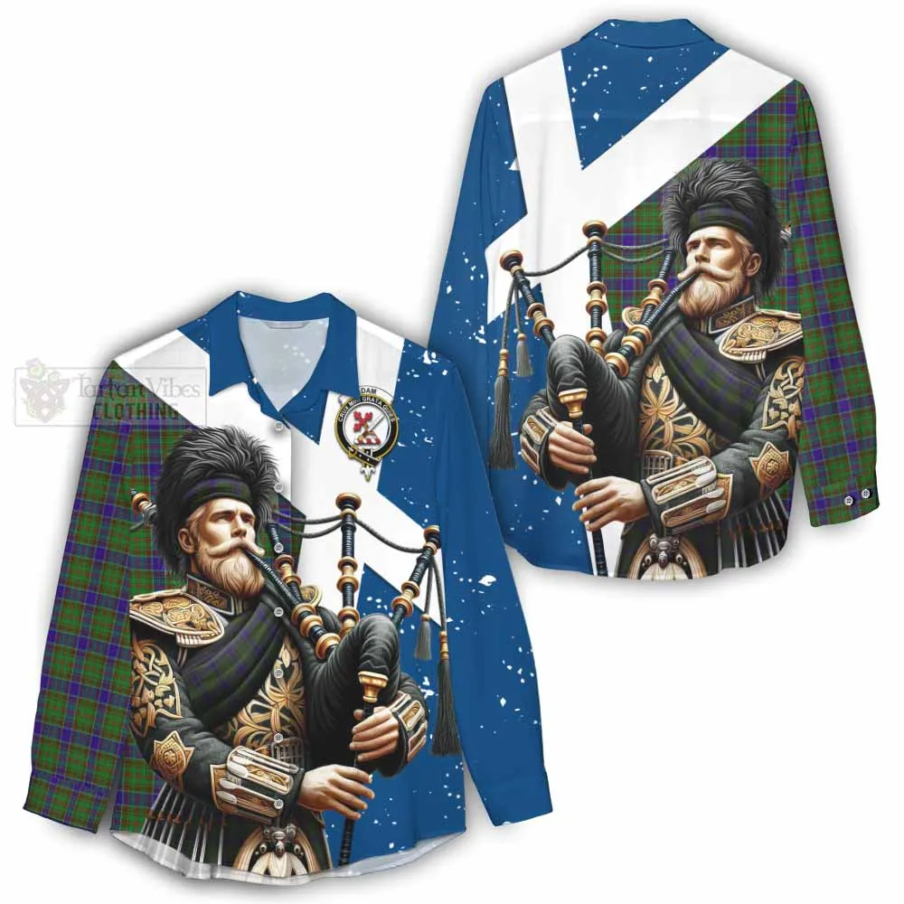 Adam Tartan Women's Casual Shirt with Family Crest Scottish Bagpiper Vibes