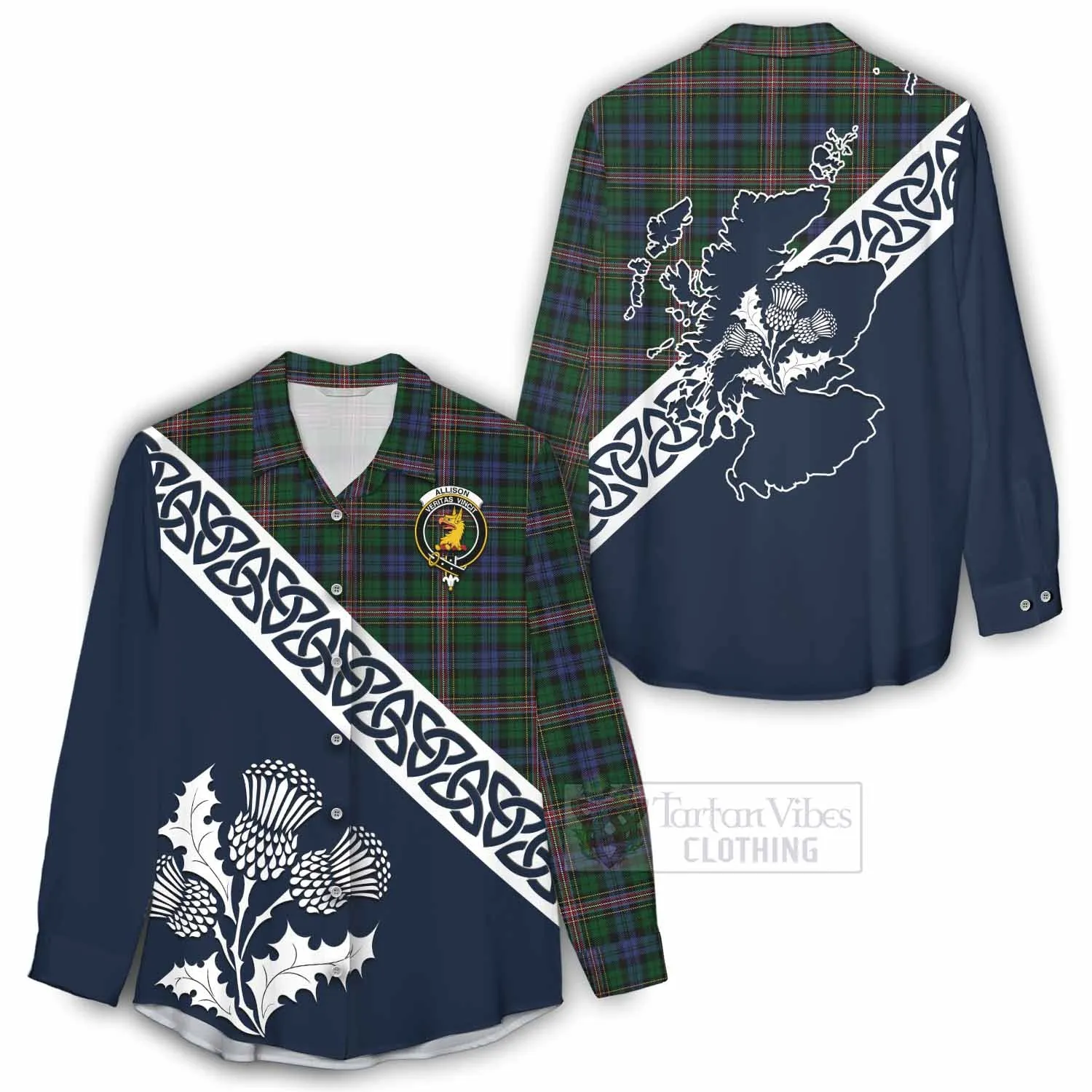 Allison Tartan Women's Casual Shirt Featuring Thistle and Scotland Map