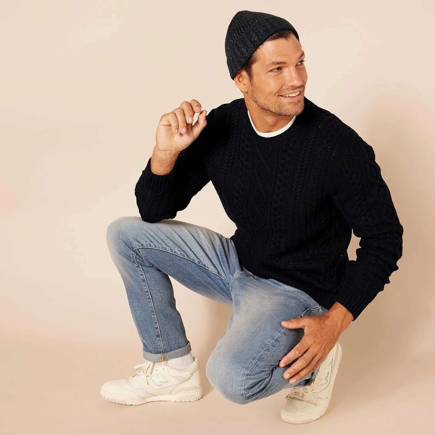 Amazon Essentials Men's Long-Sleeve 100% Cotton Fisherman Cable Crewneck Sweater