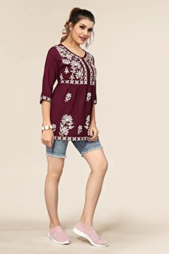 Bee M Pee Designer Women's Cotton Blend Empire Embroidered Short Kurta (RD Kurti Tokio Maroon_L-New_Maroon_Large)