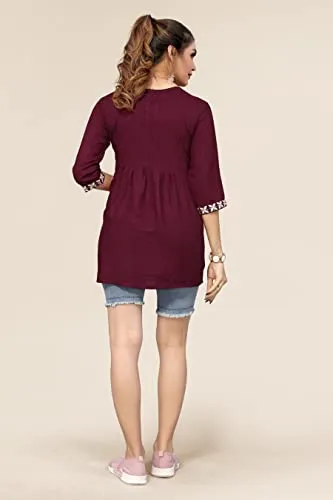 Bee M Pee Designer Women's Cotton Blend Empire Embroidered Short Kurta (RD Kurti Tokio Maroon_L-New_Maroon_Large)