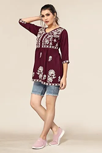Bee M Pee Designer Women's Cotton Blend Empire Embroidered Short Kurta (RD Kurti Tokio Maroon_L-New_Maroon_Large)