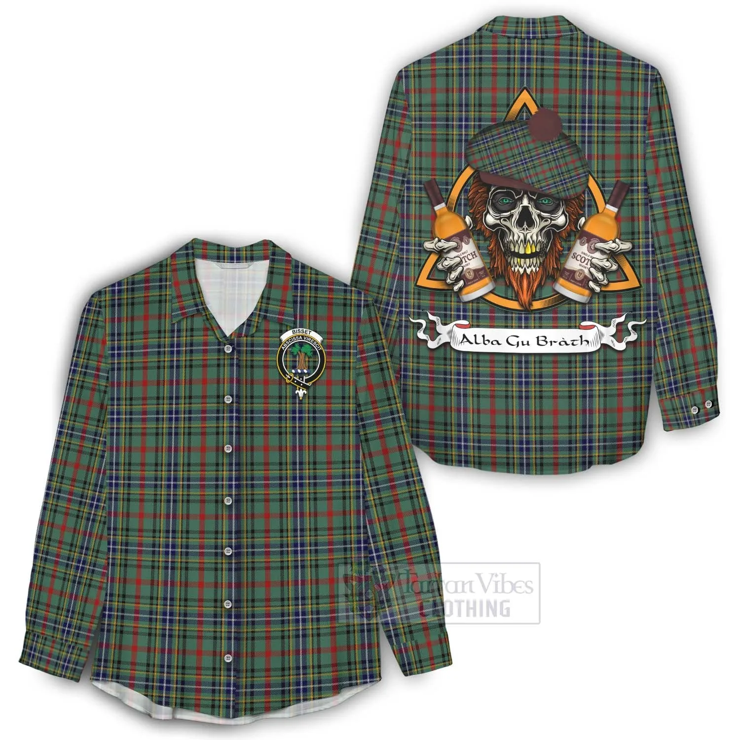 Bisset Tartan Women's Casual Shirt with Family Crest and Bearded Skull Holding Bottles of Whiskey