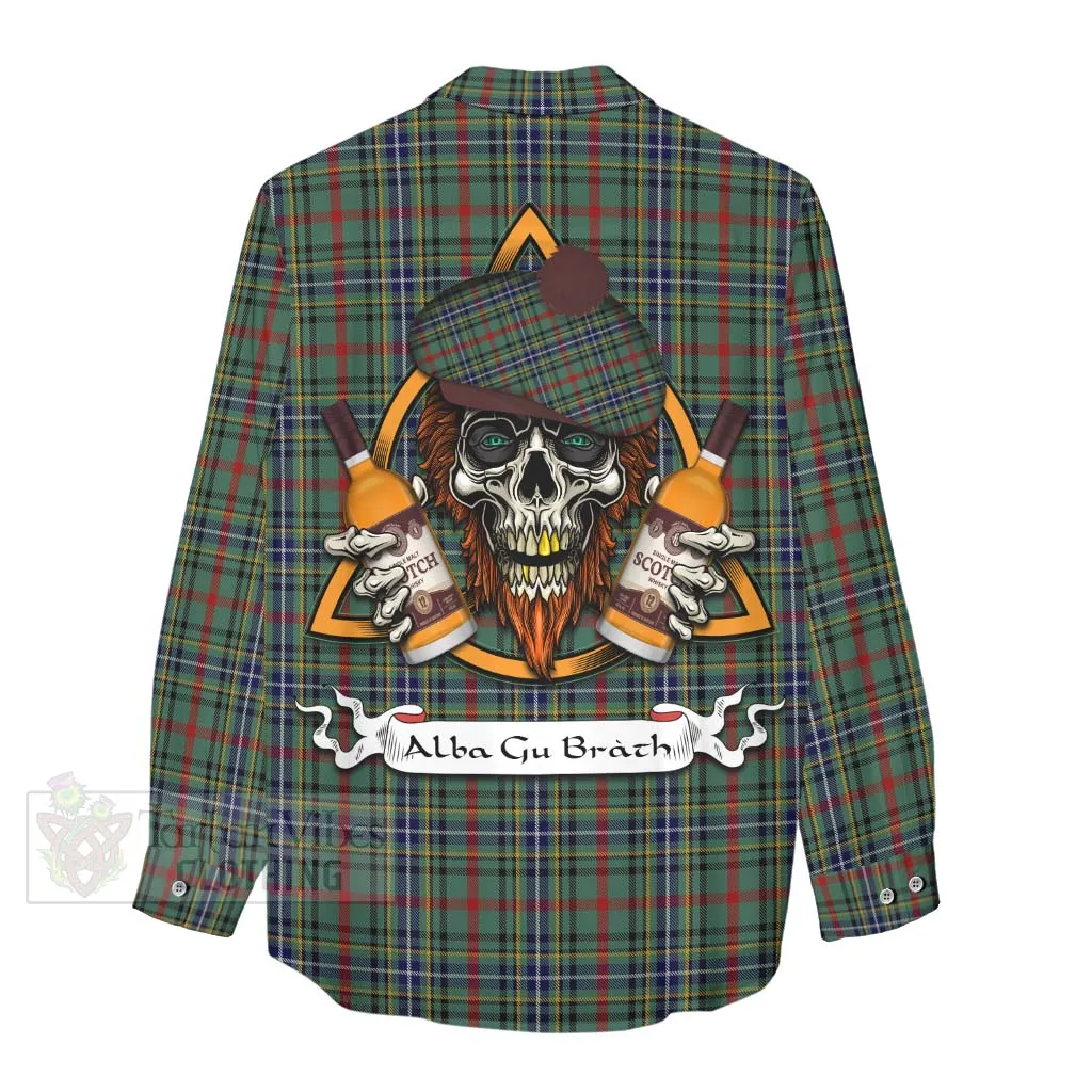 Bisset Tartan Women's Casual Shirt with Family Crest and Bearded Skull Holding Bottles of Whiskey