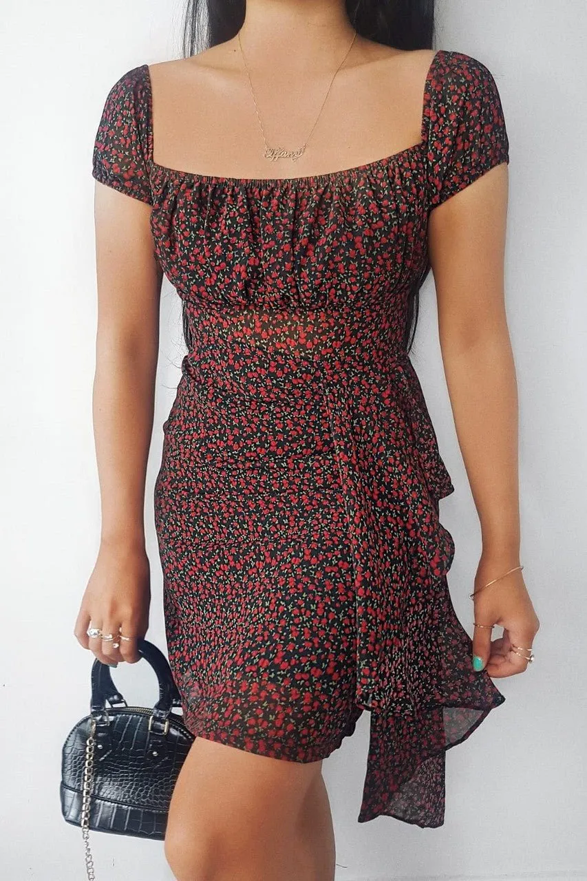 Black Floral Print Mini Dress
