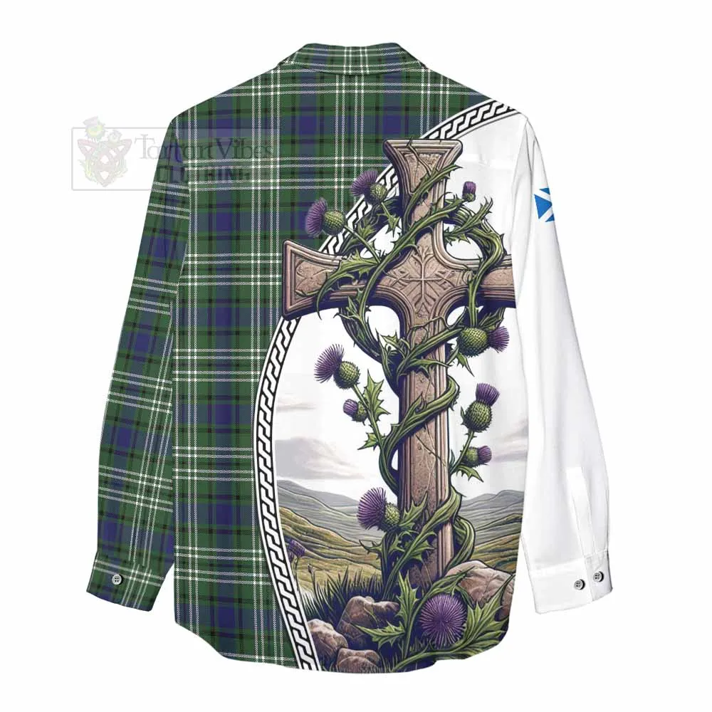 Blyth Tartan Women's Casual Shirt with Family Crest and St. Andrew's Cross Accented by Thistle Vines