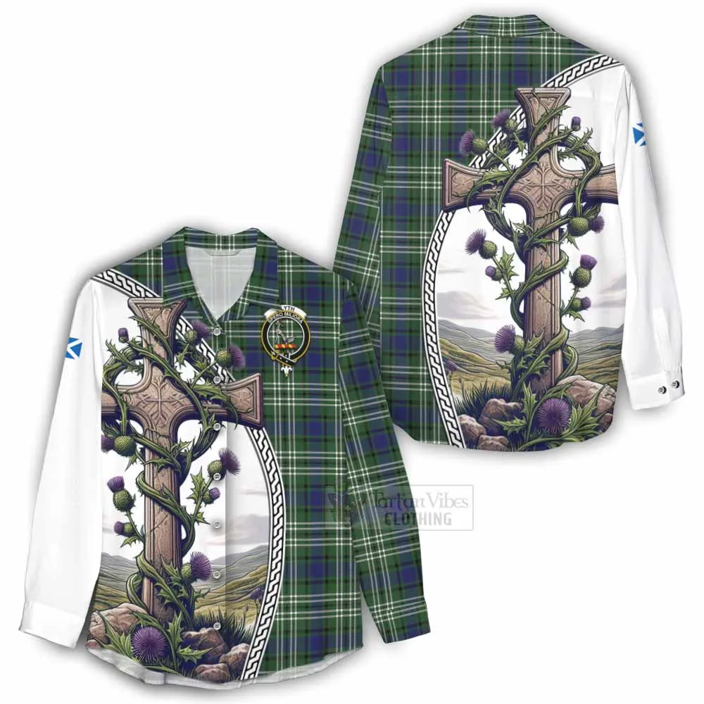 Blyth Tartan Women's Casual Shirt with Family Crest and St. Andrew's Cross Accented by Thistle Vines