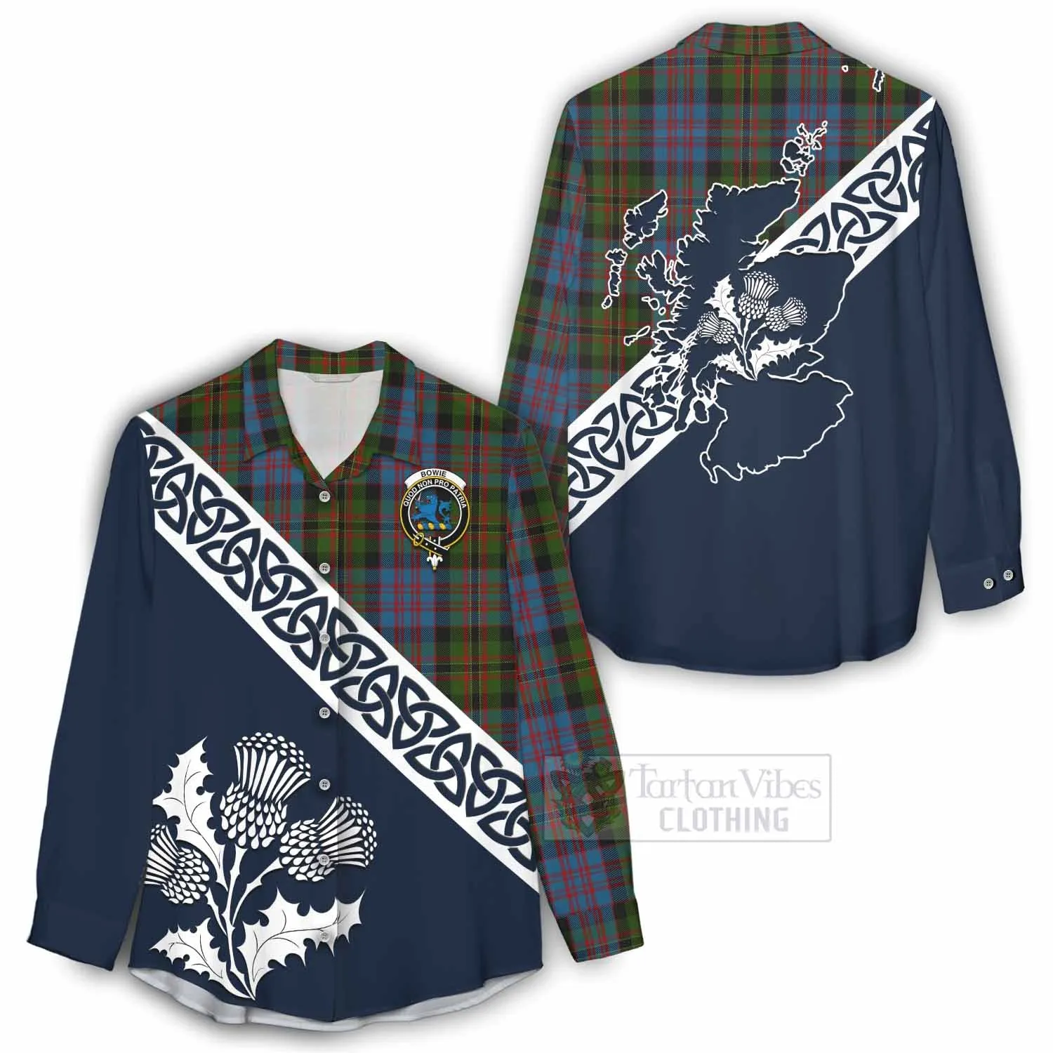 Bowie Tartan Women's Casual Shirt Featuring Thistle and Scotland Map
