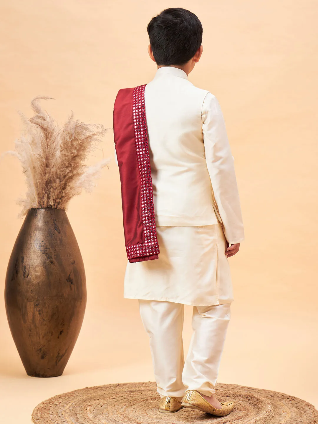 Boy's Cream And Maroon Kurta, Pyjama & Dupatta Set - Vastramay Boys