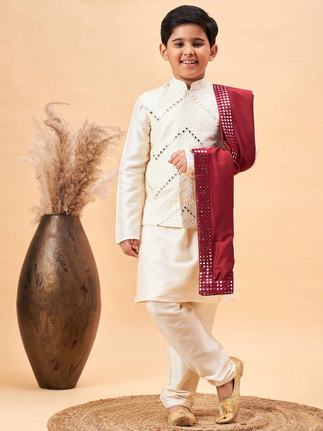 Boy's Cream And Maroon Kurta, Pyjama & Dupatta Set - Vastramay Boys