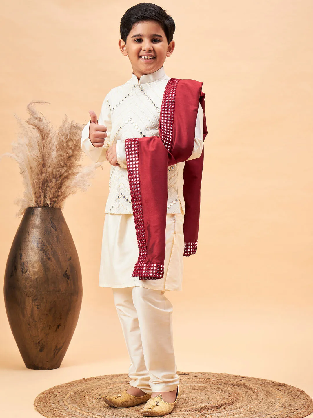 Boy's Cream And Maroon Kurta, Pyjama & Dupatta Set - Vastramay Boys