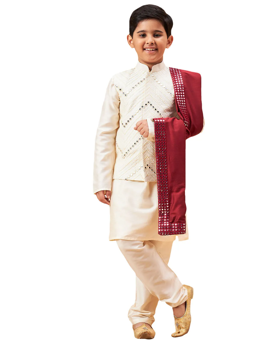 Boy's Cream And Maroon Kurta, Pyjama & Dupatta Set - Vastramay Boys