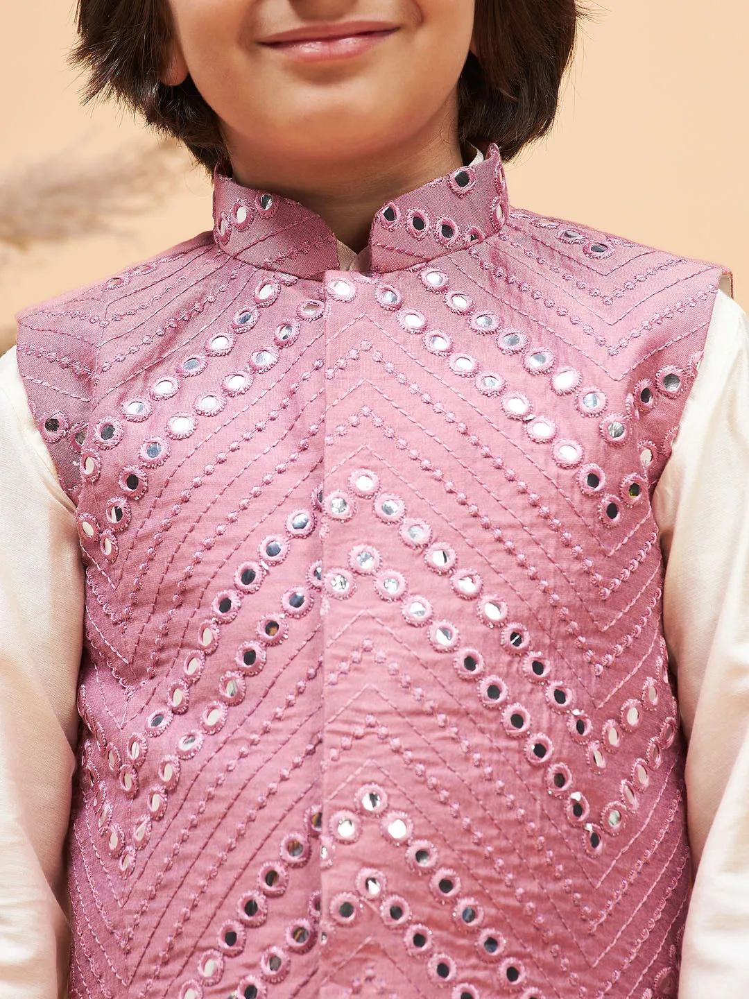 Boy's Cream And Onion Pink Jacket, Kurta And Pyjama Set - Vastramay Boys