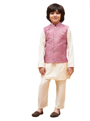 Boy's Cream And Onion Pink Jacket, Kurta And Pyjama Set - Vastramay Boys