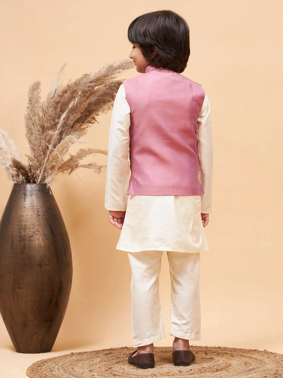 Boy's Cream And Onion Pink Jacket, Kurta And Pyjama Set - Vastramay Boys