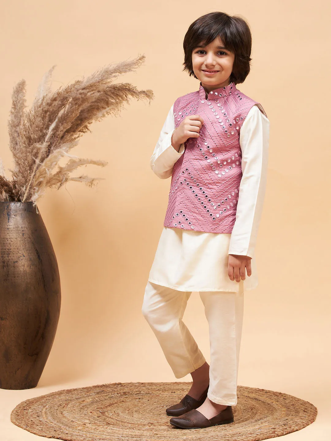 Boy's Cream And Onion Pink Jacket, Kurta And Pyjama Set - Vastramay Boys