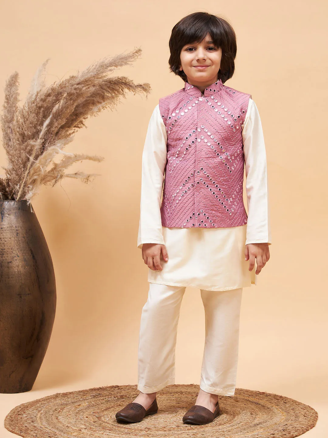 Boy's Cream And Onion Pink Jacket, Kurta And Pyjama Set - Vastramay Boys