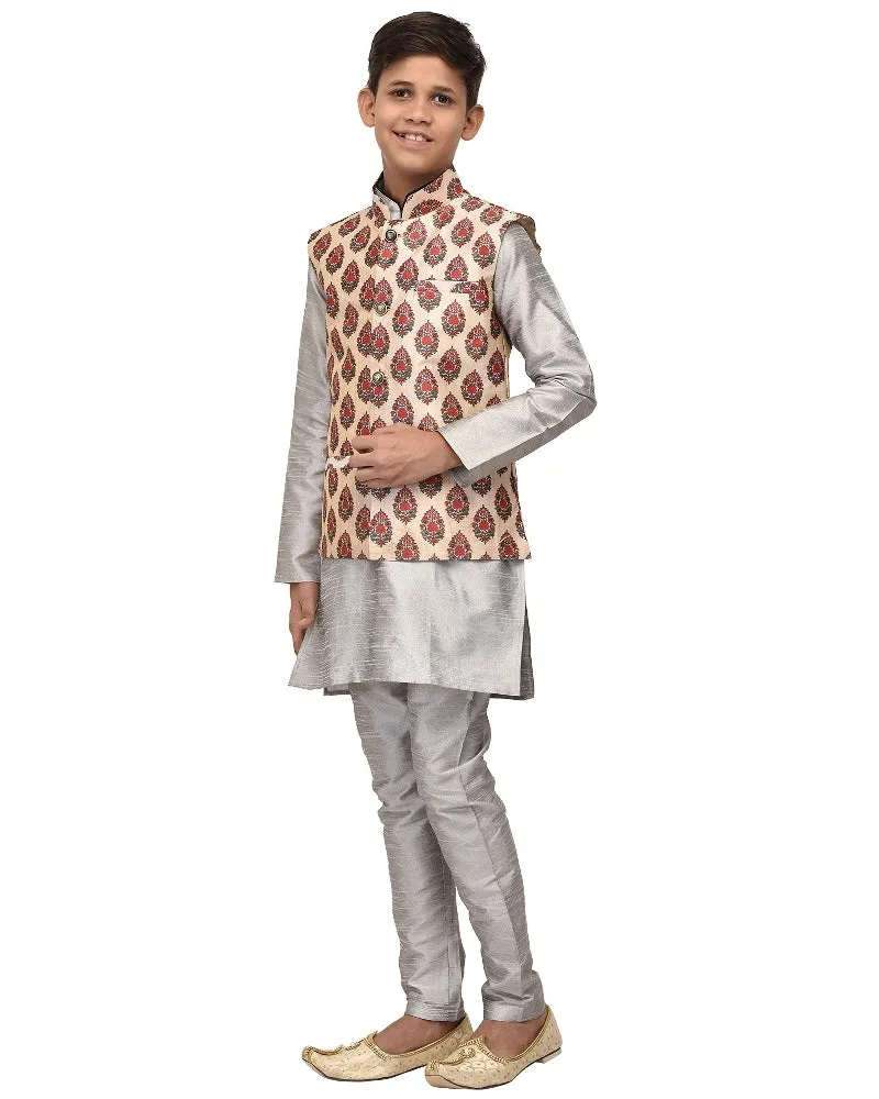 Boy's Grey Kurta Pyjama & Cream Floral Print  Jacket - Benstoke KIDS