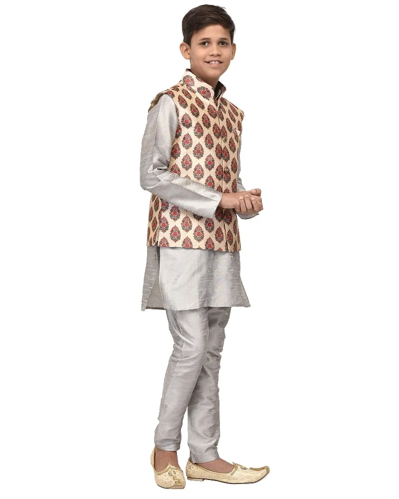 Boy's Grey Kurta Pyjama & Cream Floral Print  Jacket - Benstoke KIDS