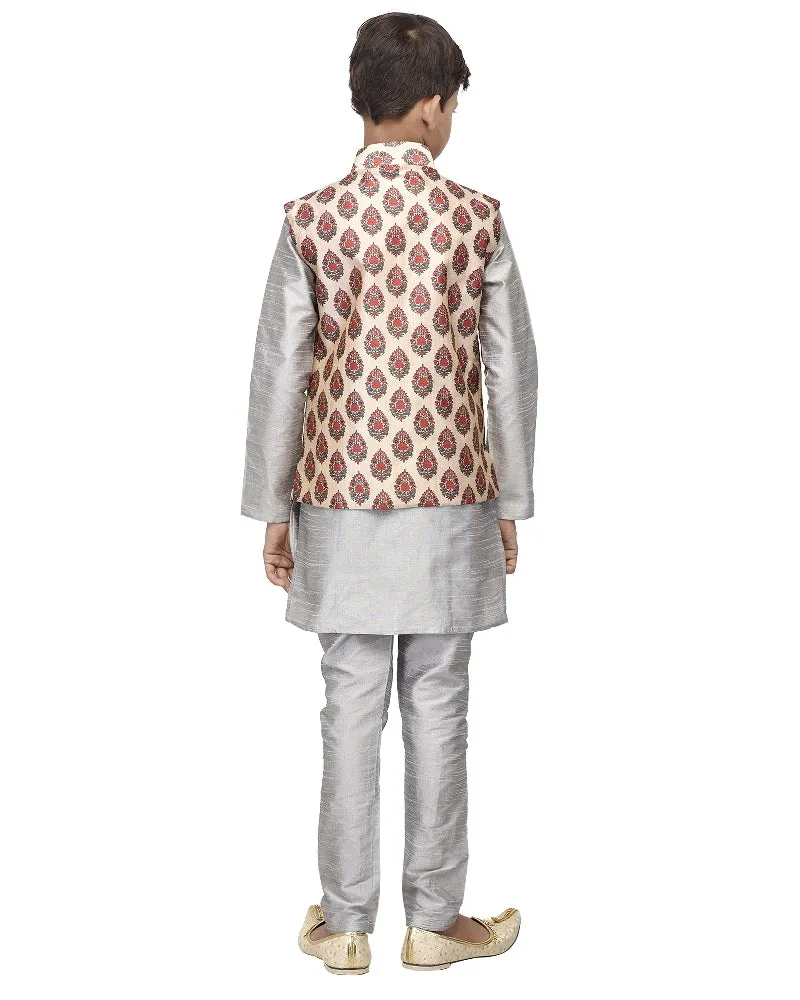 Boy's Grey Kurta Pyjama & Cream Floral Print  Jacket - Benstoke KIDS