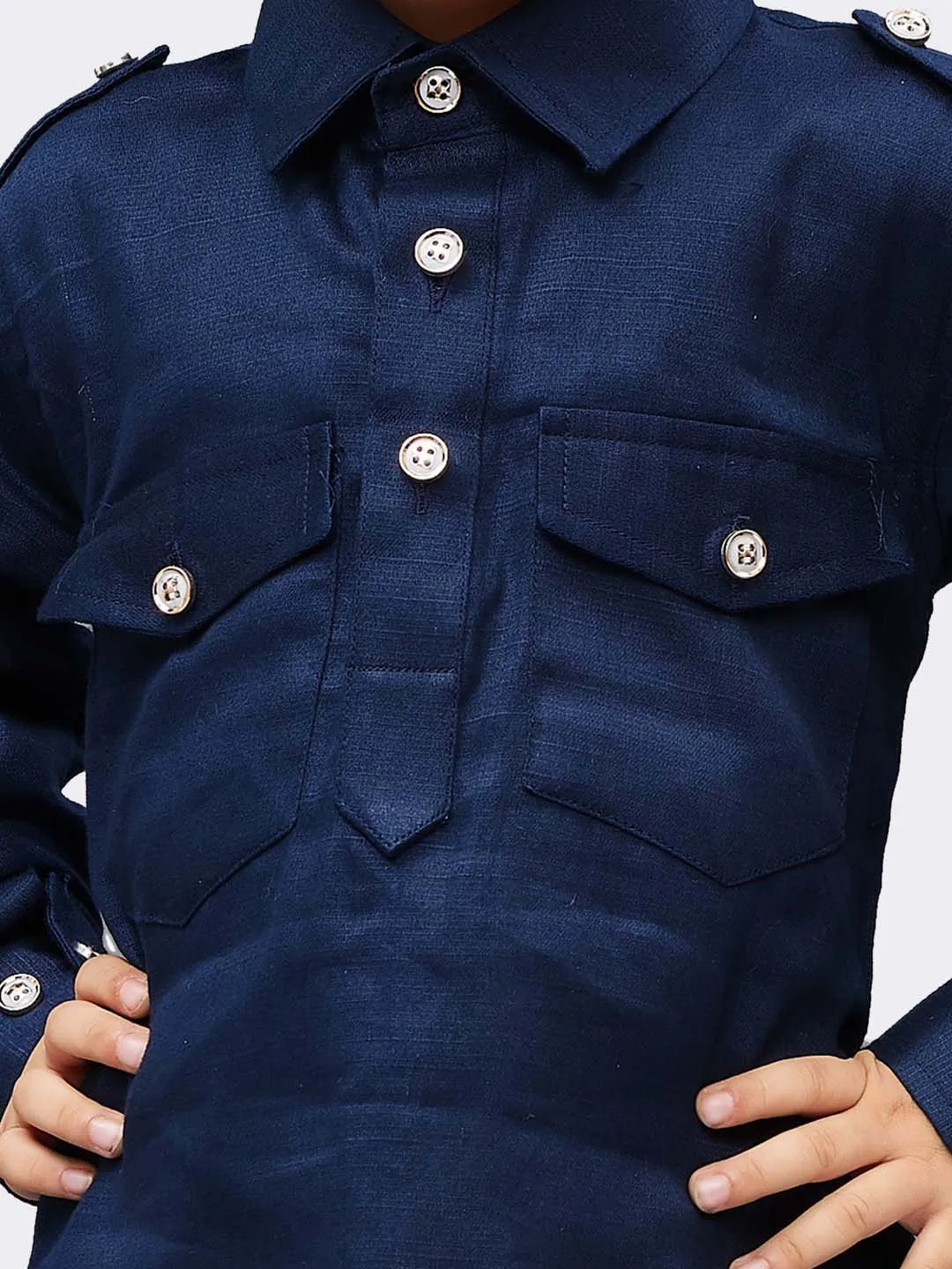 Boy's Navy Blue Cotton Pathani Kurta Set - JBN Creation