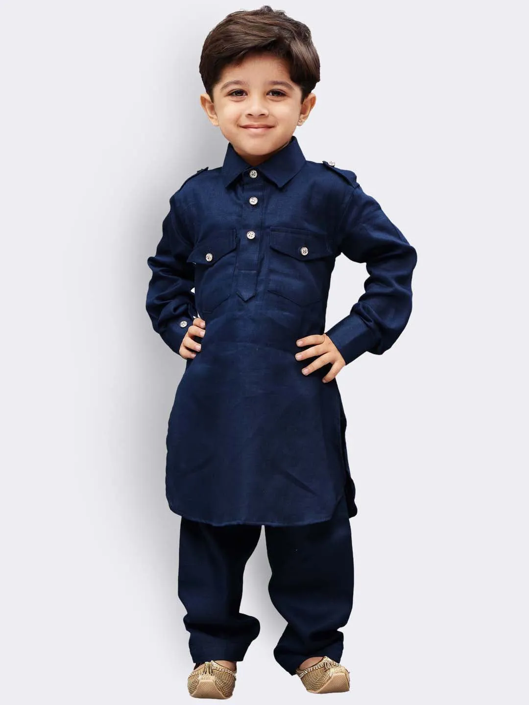 Boy's Navy Blue Cotton Pathani Kurta Set - JBN Creation