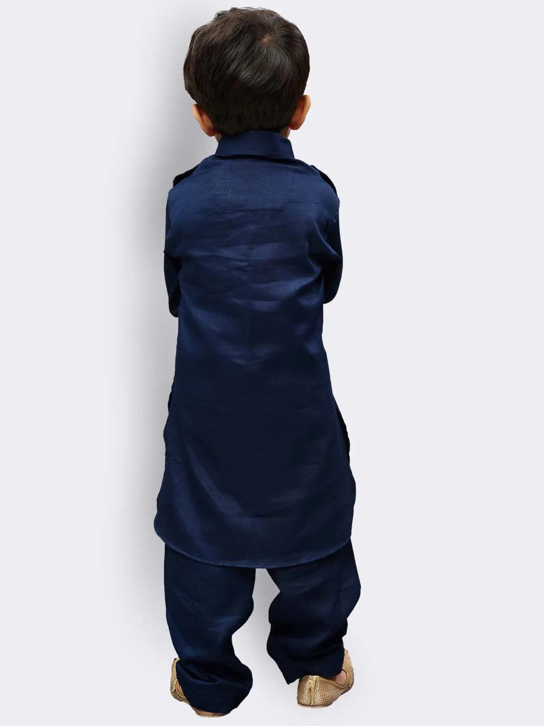 Boy's Navy Blue Cotton Pathani Kurta Set - JBN Creation