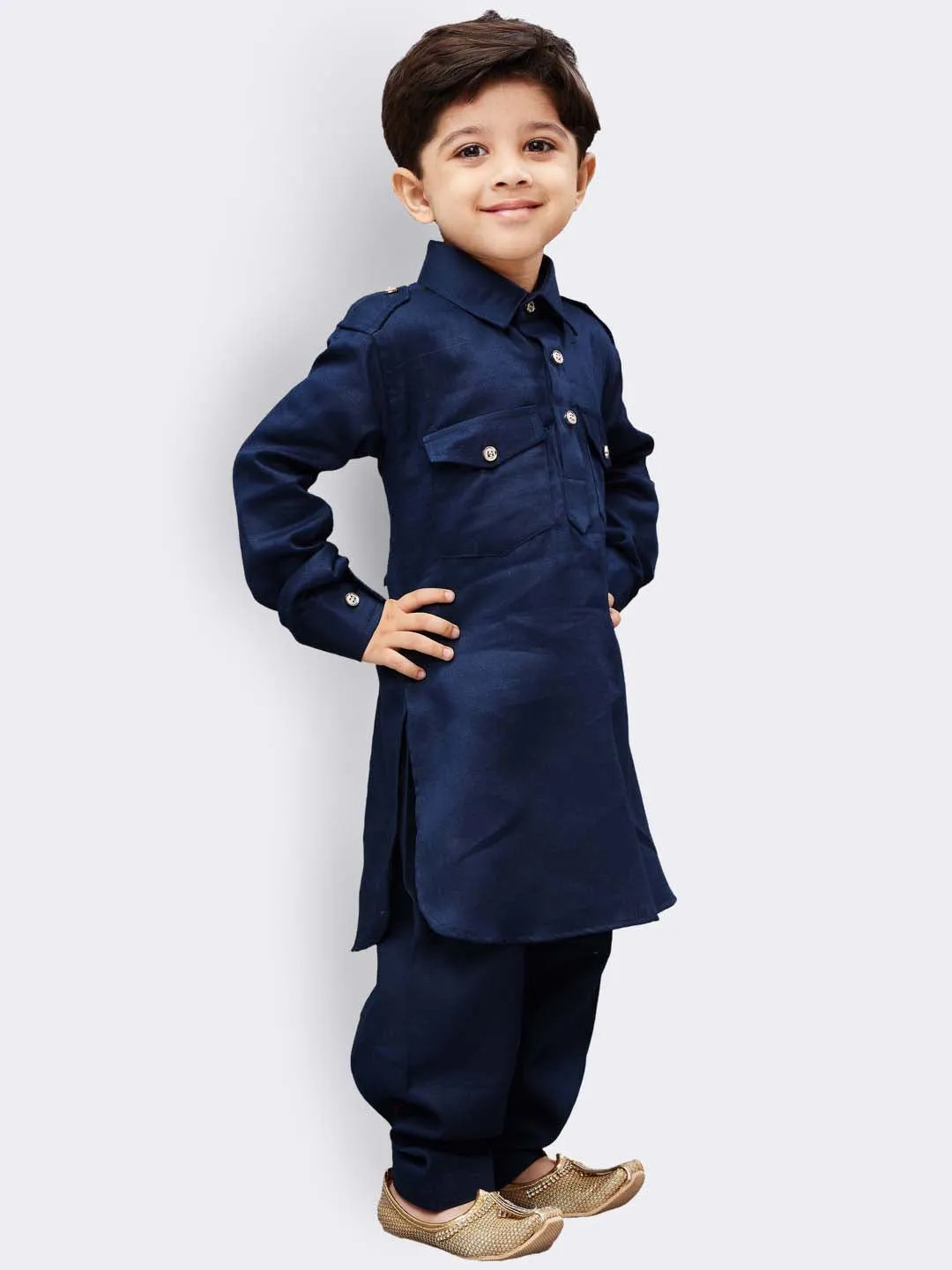 Boy's Navy Blue Cotton Pathani Kurta Set - JBN Creation