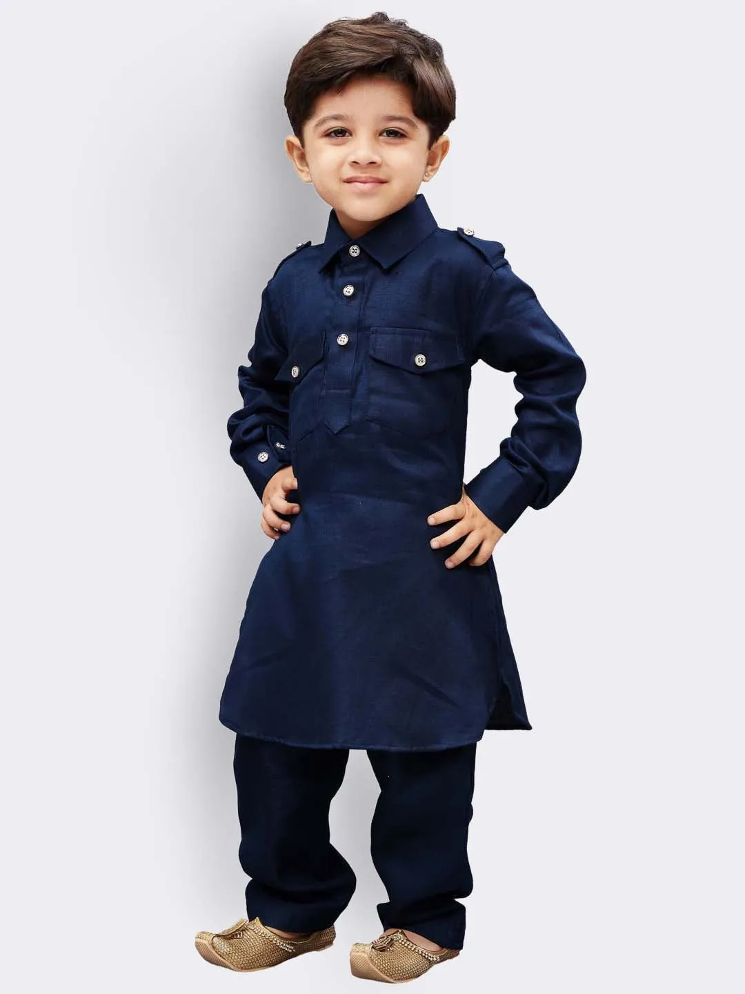 Boy's Navy Blue Cotton Pathani Kurta Set - JBN Creation