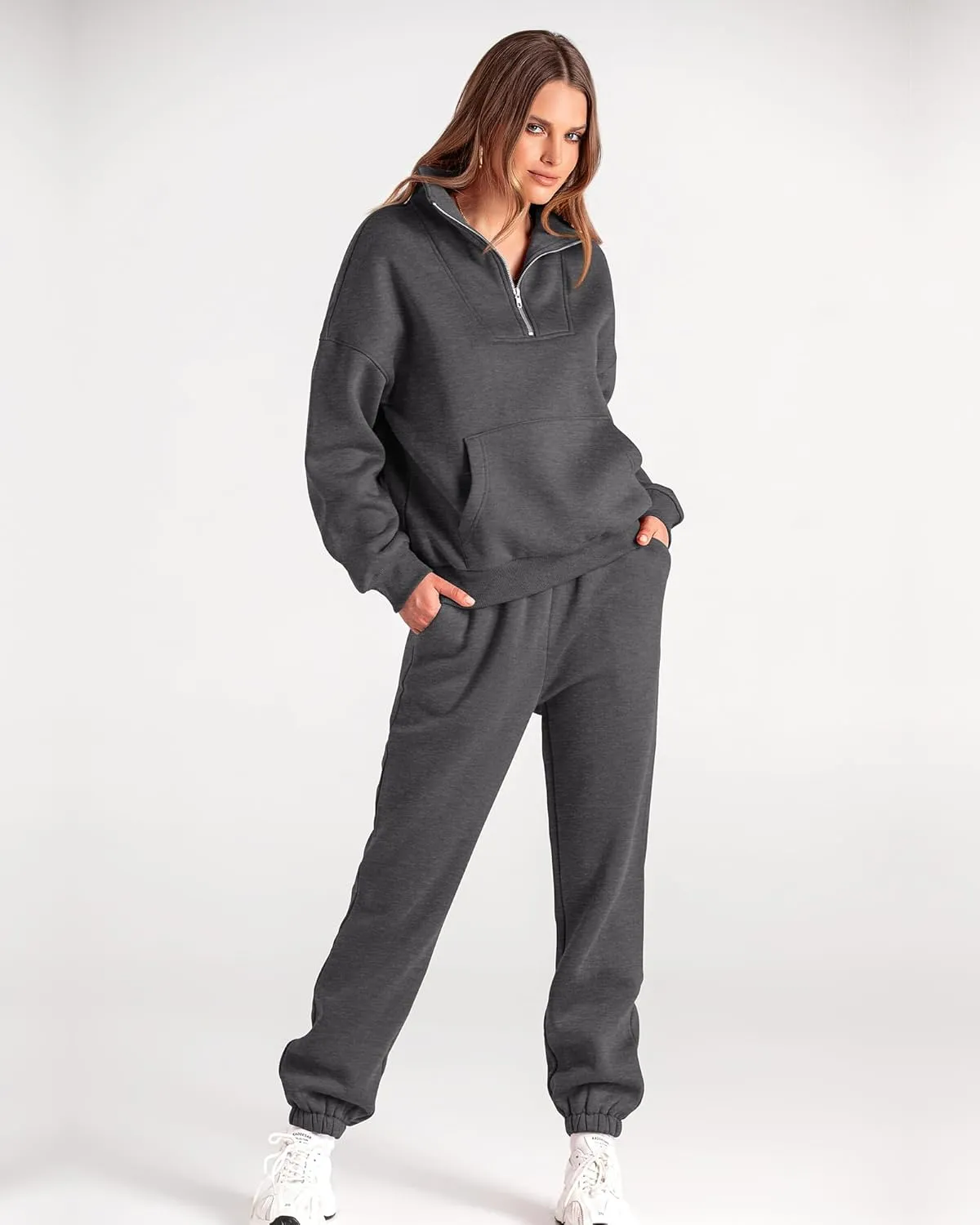 BTFBM Women 2 Piece Tracksuits Fall Winter 1/4 Zip Sweatshirt Jogger Pants Matching Lounge Sets Thick Sweatsuits Pockets