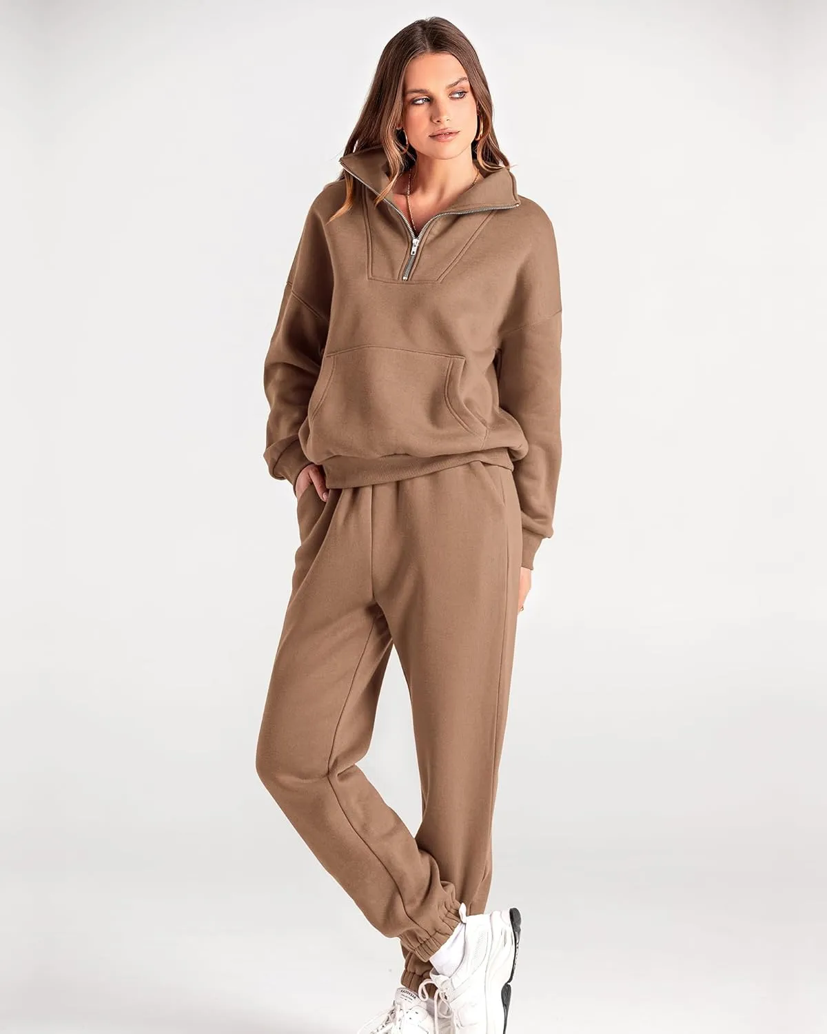 BTFBM Women 2 Piece Tracksuits Fall Winter 1/4 Zip Sweatshirt Jogger Pants Matching Lounge Sets Thick Sweatsuits Pockets
