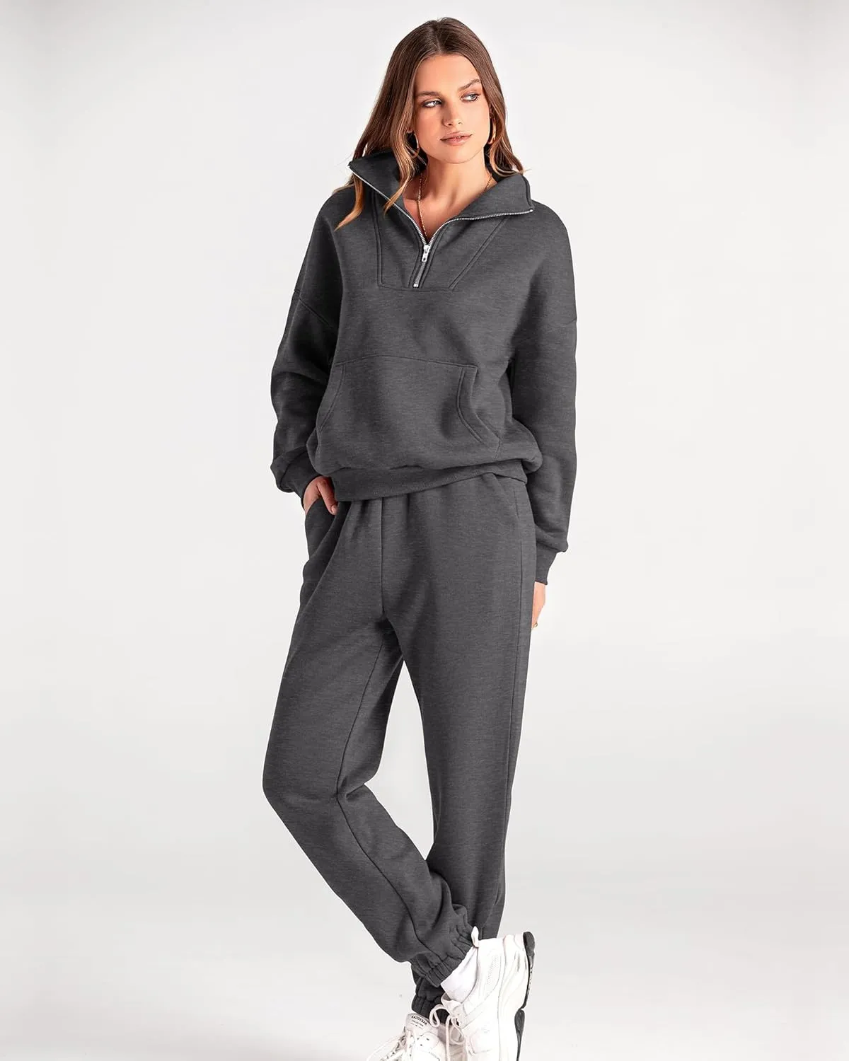 BTFBM Women 2 Piece Tracksuits Fall Winter 1/4 Zip Sweatshirt Jogger Pants Matching Lounge Sets Thick Sweatsuits Pockets