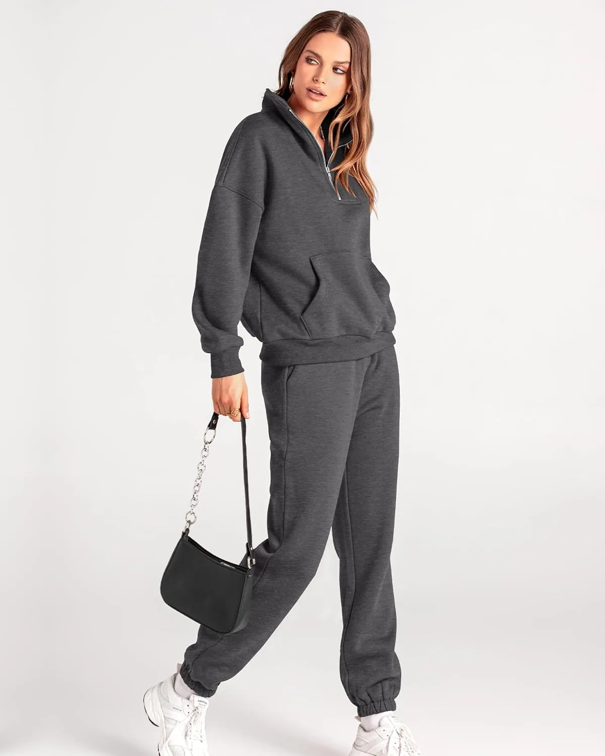 BTFBM Women 2 Piece Tracksuits Fall Winter 1/4 Zip Sweatshirt Jogger Pants Matching Lounge Sets Thick Sweatsuits Pockets