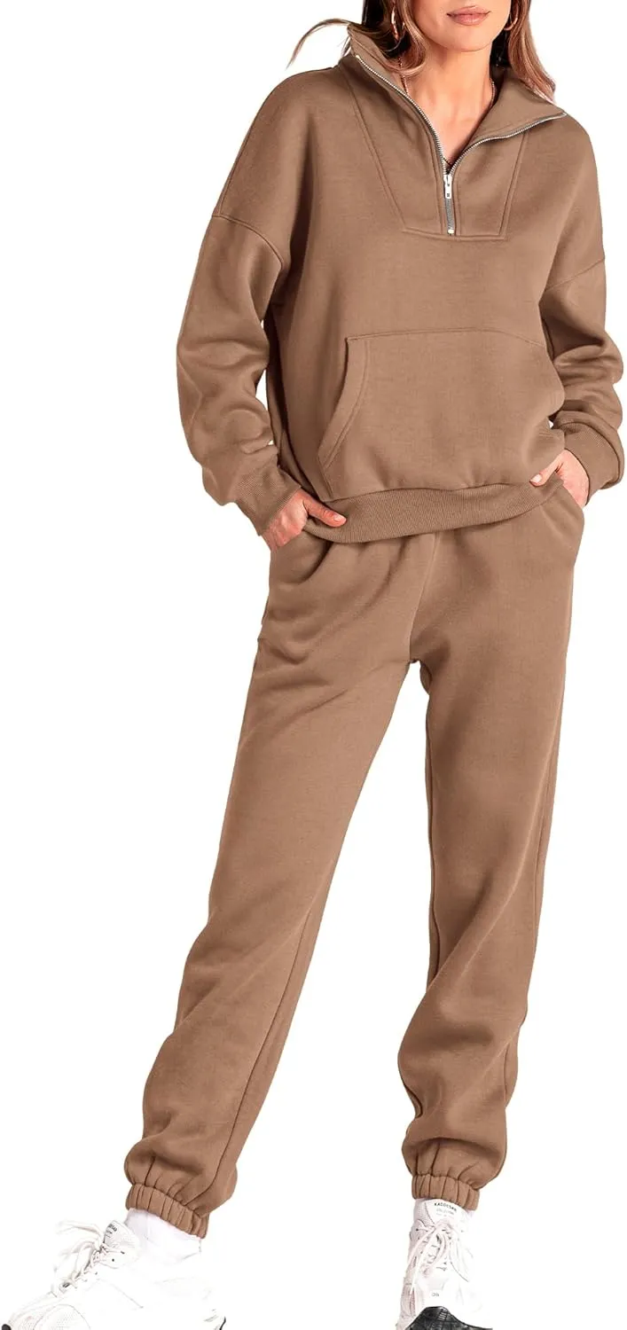 BTFBM Women 2 Piece Tracksuits Fall Winter 1/4 Zip Sweatshirt Jogger Pants Matching Lounge Sets Thick Sweatsuits Pockets