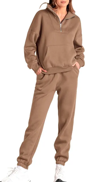 BTFBM Women 2 Piece Tracksuits Fall Winter 1/4 Zip Sweatshirt Jogger Pants Matching Lounge Sets Thick Sweatsuits Pockets