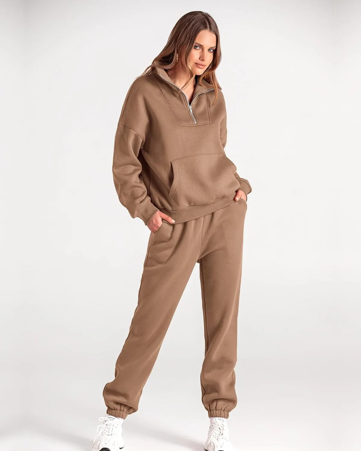 BTFBM Women 2 Piece Tracksuits Fall Winter 1/4 Zip Sweatshirt Jogger Pants Matching Lounge Sets Thick Sweatsuits Pockets