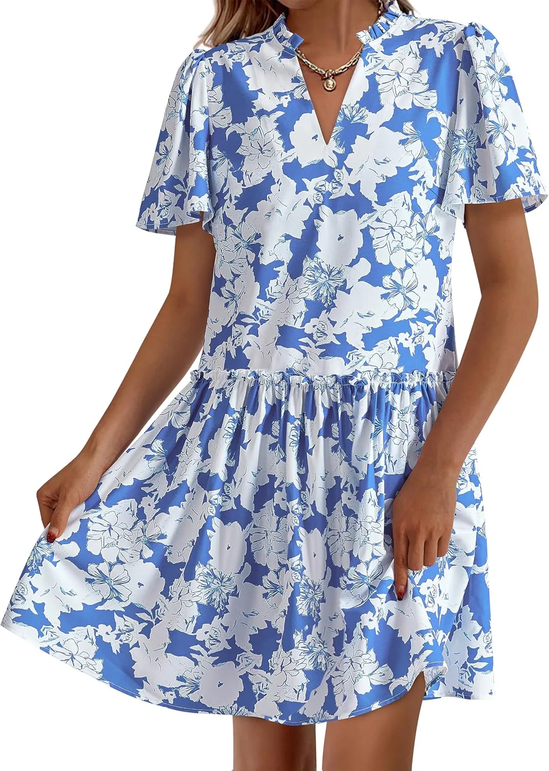 BTFBM Women Summer Dresses 2025 Short Sleeve V Neck Tiered Ruffle Boho Swing Dress A-Line Floral Mini Dresses