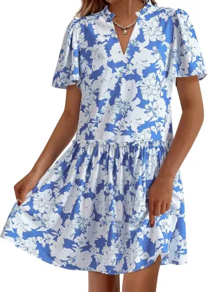 BTFBM Women Summer Dresses 2025 Short Sleeve V Neck Tiered Ruffle Boho Swing Dress A-Line Floral Mini Dresses