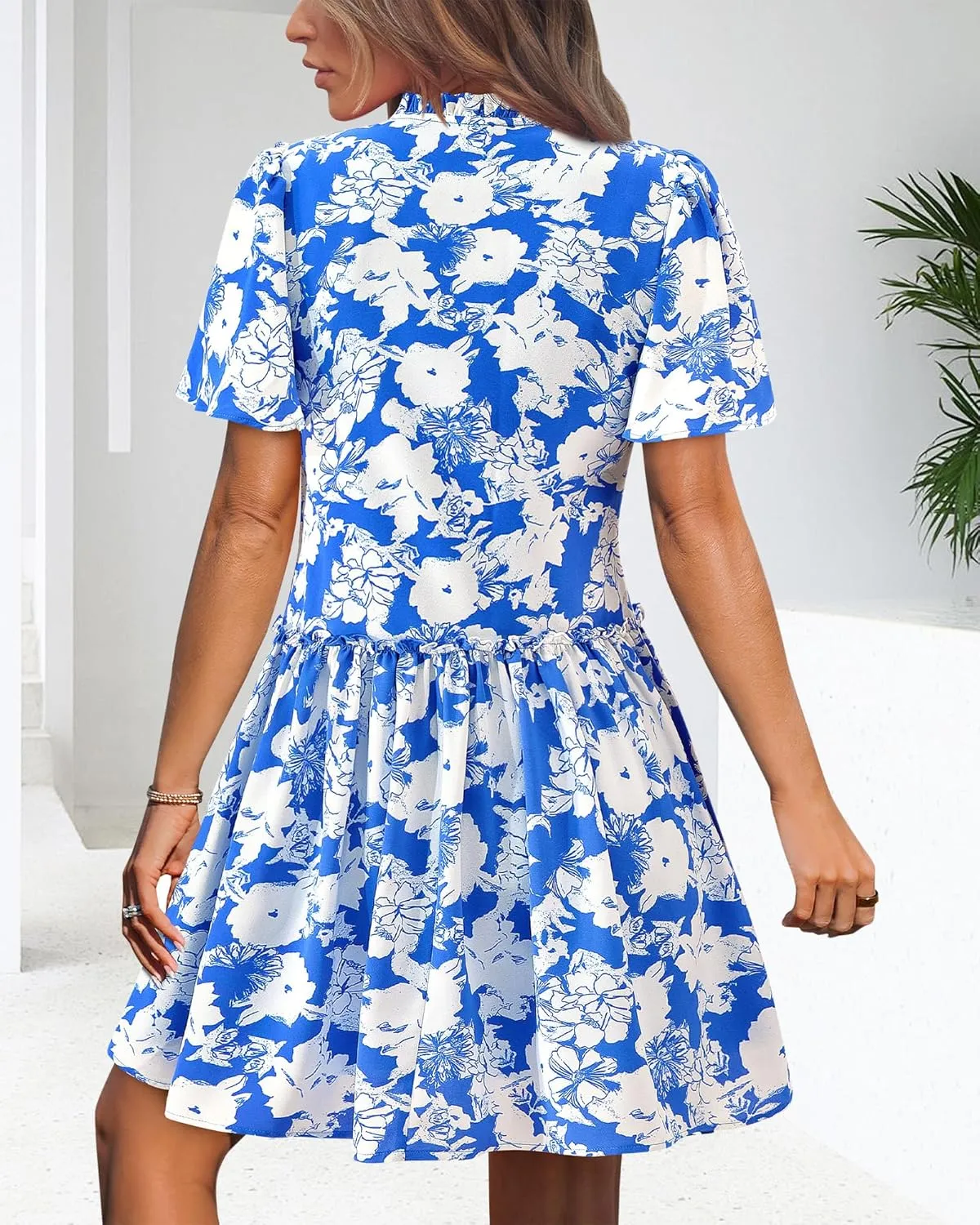 BTFBM Women Summer Dresses 2025 Short Sleeve V Neck Tiered Ruffle Boho Swing Dress A-Line Floral Mini Dresses