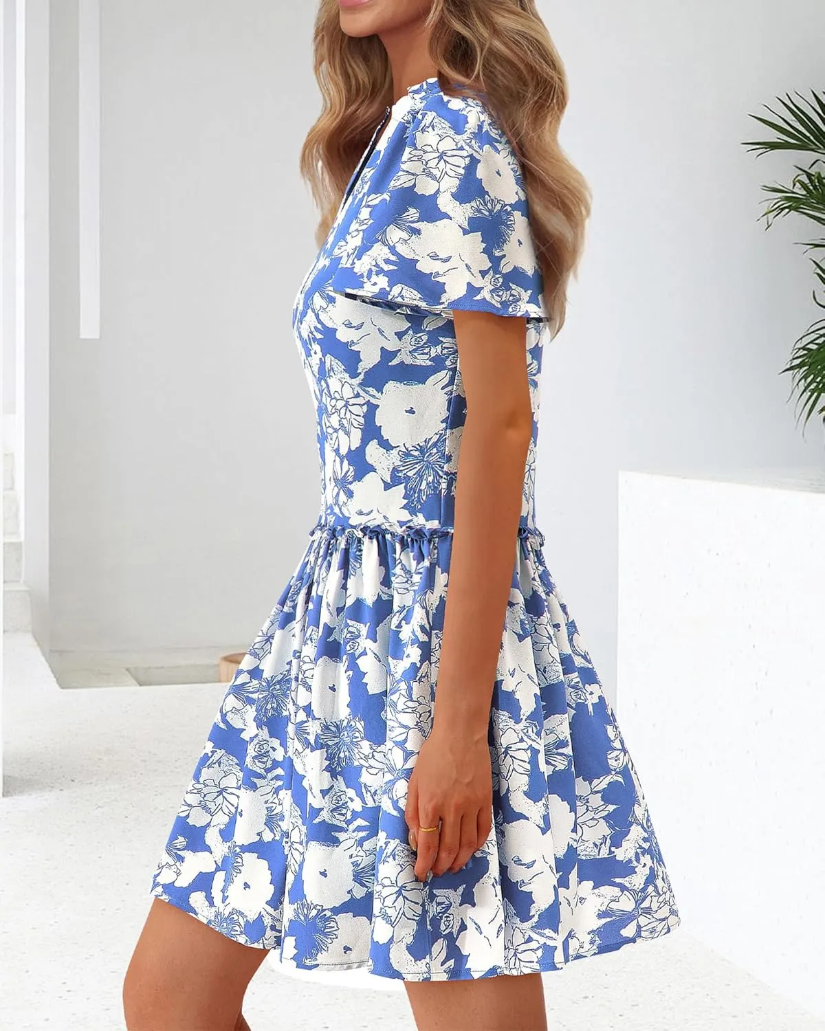 BTFBM Women Summer Dresses 2025 Short Sleeve V Neck Tiered Ruffle Boho Swing Dress A-Line Floral Mini Dresses
