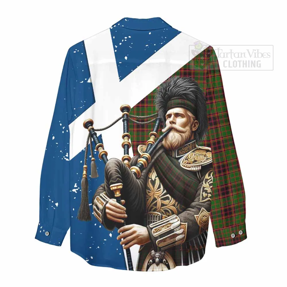 Buchan Tartan Women's Casual Shirt with Family Crest Scottish Bagpiper Vibes