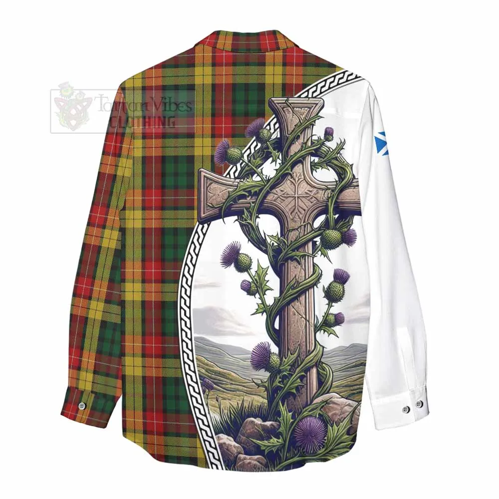 Buchanan Tartan Women's Casual Shirt with Family Crest and St. Andrew's Cross Accented by Thistle Vines