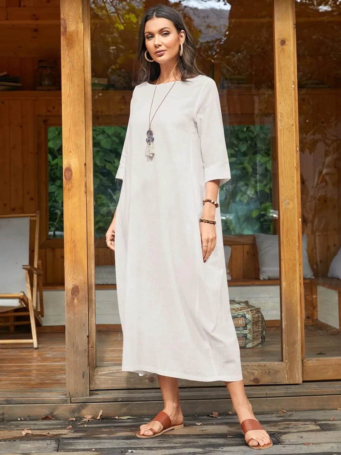 Celmia Autumn Solid Loose Long Maxi Dress Cotton Caftan