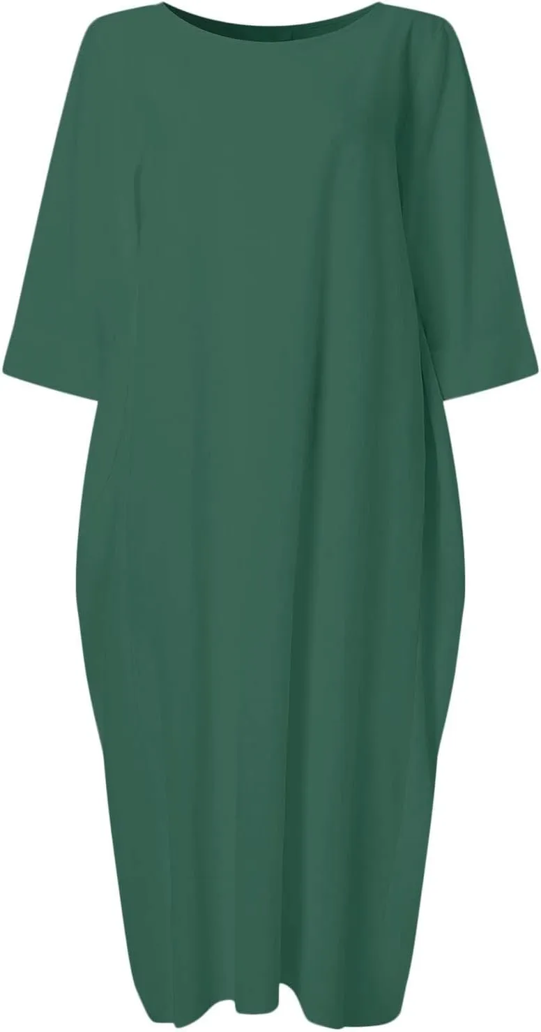 Celmia Autumn Solid Loose Long Maxi Dress Cotton Caftan